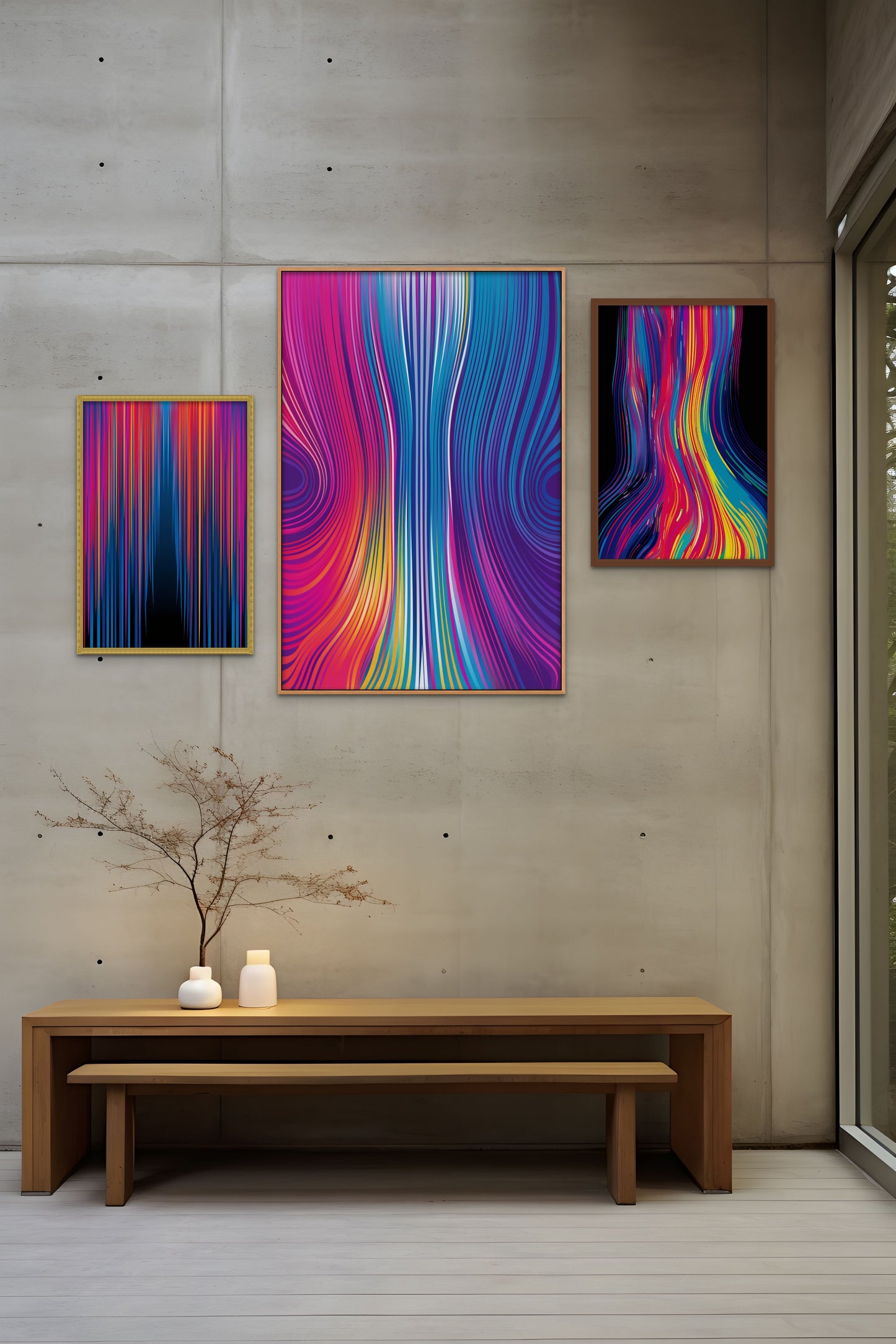 Three colorful abstract paintings displayed above a wooden bench with a vase and twig.