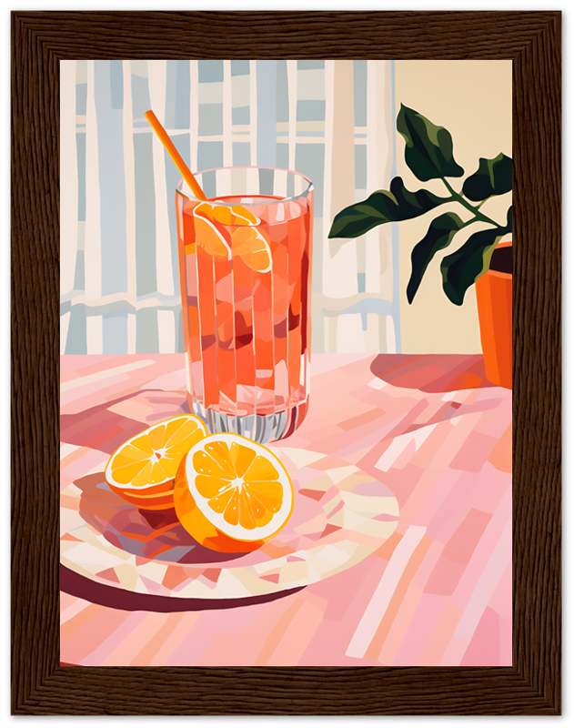 Illustration of a glass of iced drink with slices of orange on a plate, framed on a wall.