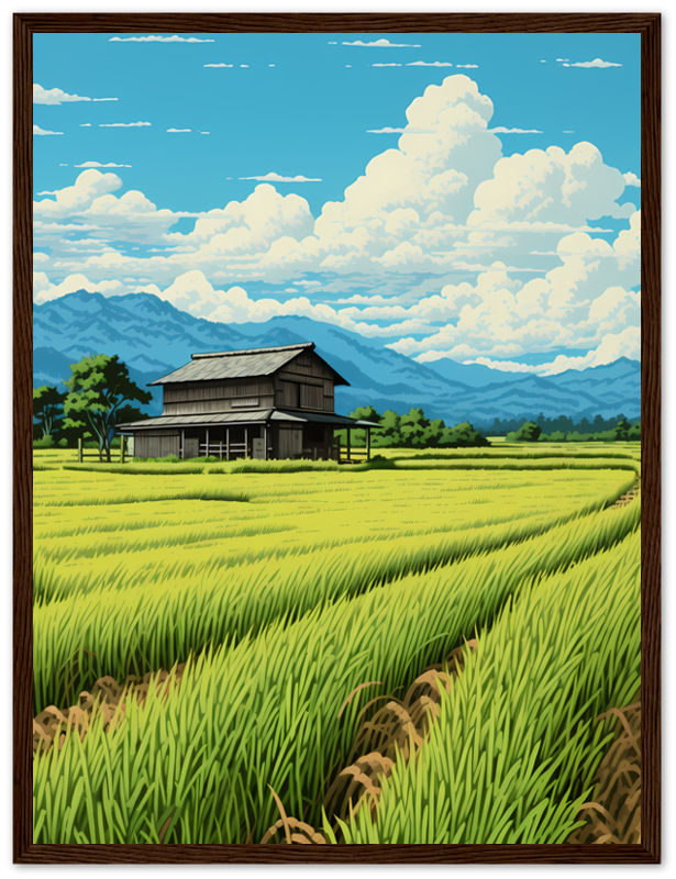 Illustration of a traditional house in a lush green rice field with mountains and blue sky in the background.