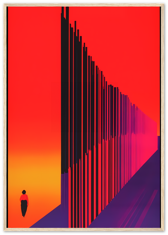 Digital artwork of a silhouette against a vibrant orange and red gradient background with abstract lines.