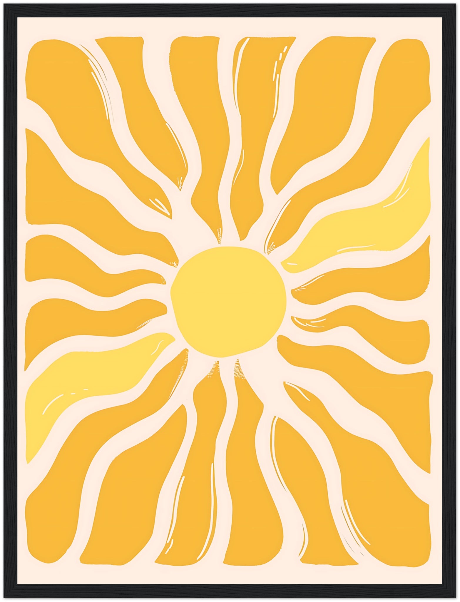 Abstract sunburst pattern with yellow and white rays on a framed canvas.