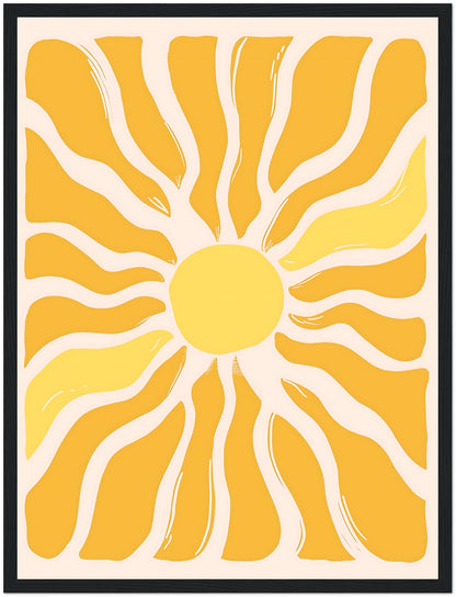 Abstract sunburst pattern with yellow and white rays on a framed canvas.