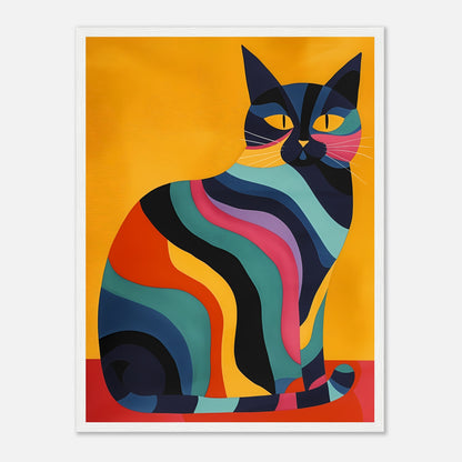Colorful, abstract art of a striped cat against an orange background, in a wooden frame.