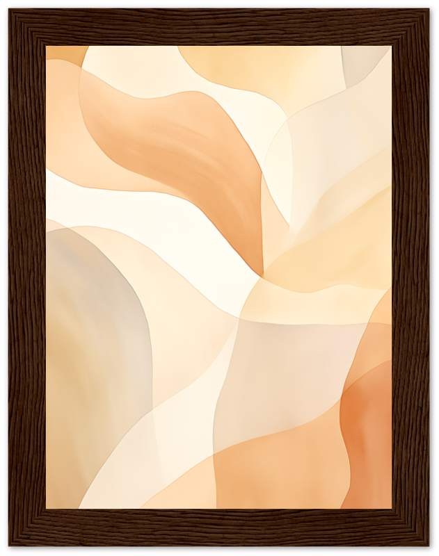 An abstract painting with warm-toned swirls framed in dark wood.