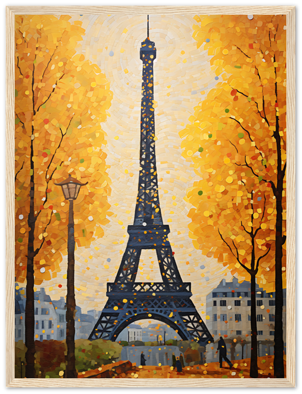 An impressionist-style painting of the Eiffel Tower framed by golden autumn trees.