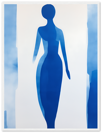 Abstract blue silhouette of a woman against a cloudy background.