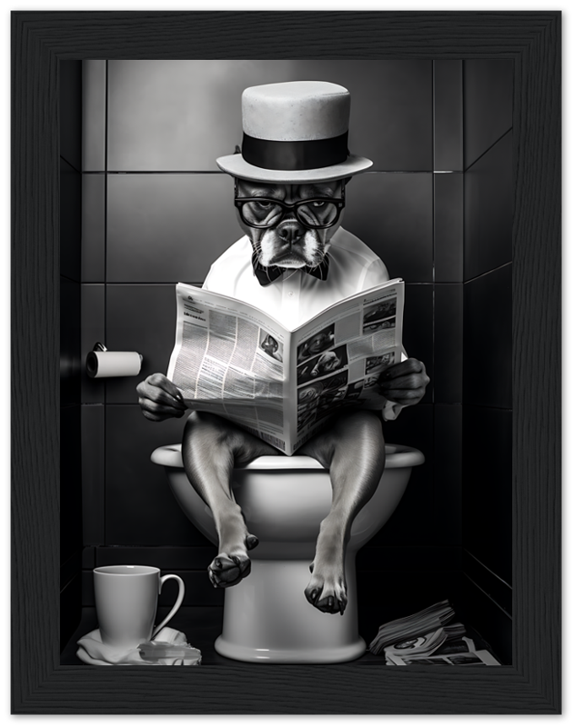 A dog wearing glasses and a top hat reading a newspaper on a toilet.