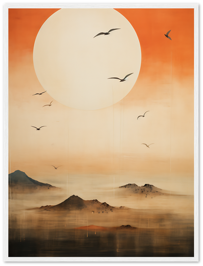 A digital painting of a serene landscape with a large sun, flying birds, and misty mountains.