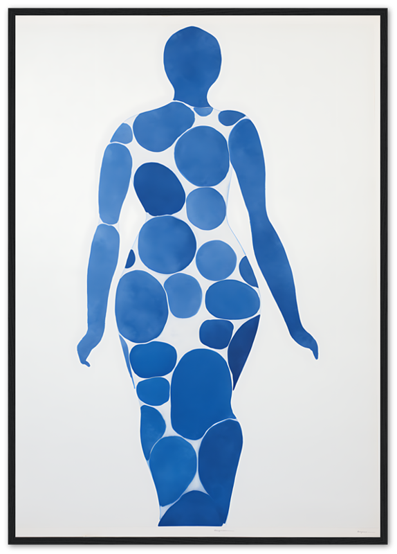 Abstract silhouette of a human form composed of blue circles on a white background.