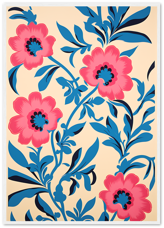 A floral pattern with bold pink flowers and blue leaves on a cream background.