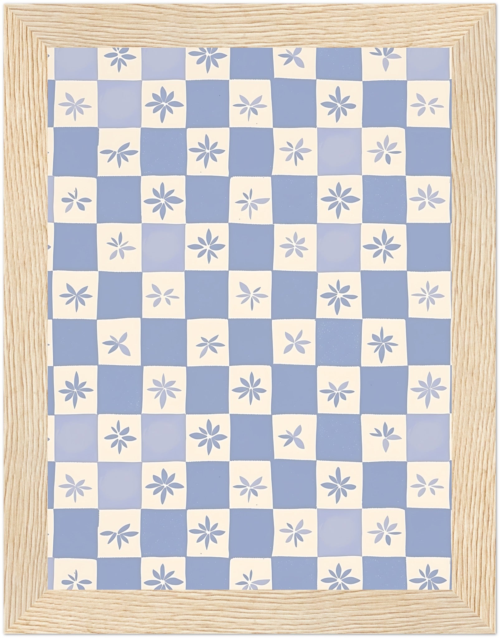 A framed checkerboard pattern with alternating blue squares and white squares, each featuring a flower design.