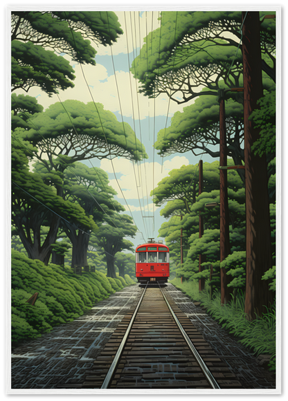 An illustrated red tram traveling down tracks through a lush green forest.