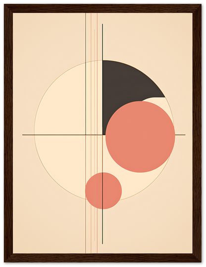 Abstract art with circles and lines in a wooden frame.