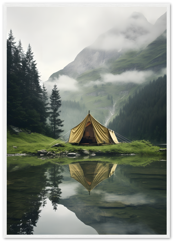 A serene campsite with a tent by a mountain lake, reflected in the water, framed by trees.