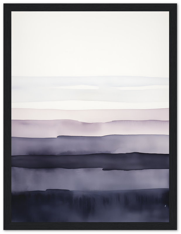 A framed image of a tranquil, misty landscape with layered hills.