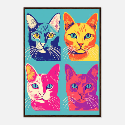 Colorful pop art style illustration of four cats in vibrant colors.