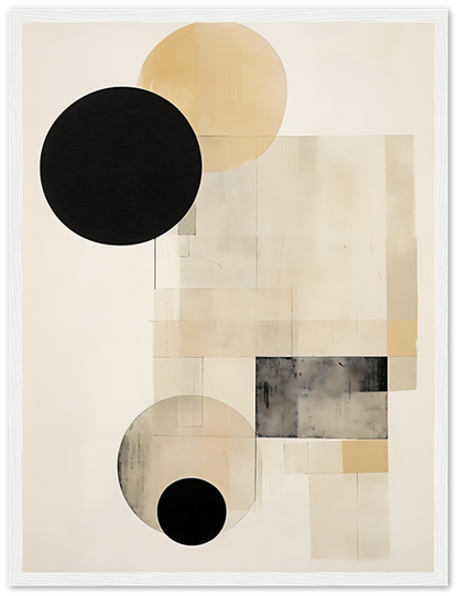 Abstract artwork with geometric shapes, featuring circles and squares in neutral tones.