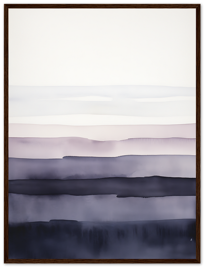 A framed image of a tranquil, misty landscape with layered hills.