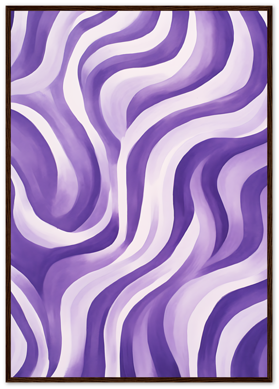 Abstract purple and white wavy pattern painting in a brown frame.
