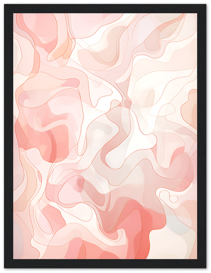 An abstract framed artwork with wavy lines in soft pink and white tones.