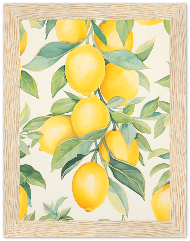 Illustration of lemons and leaves in a wooden frame.
