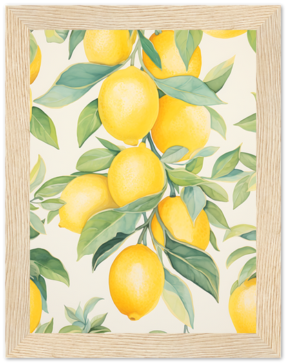 Illustration of lemons and leaves in a wooden frame.
