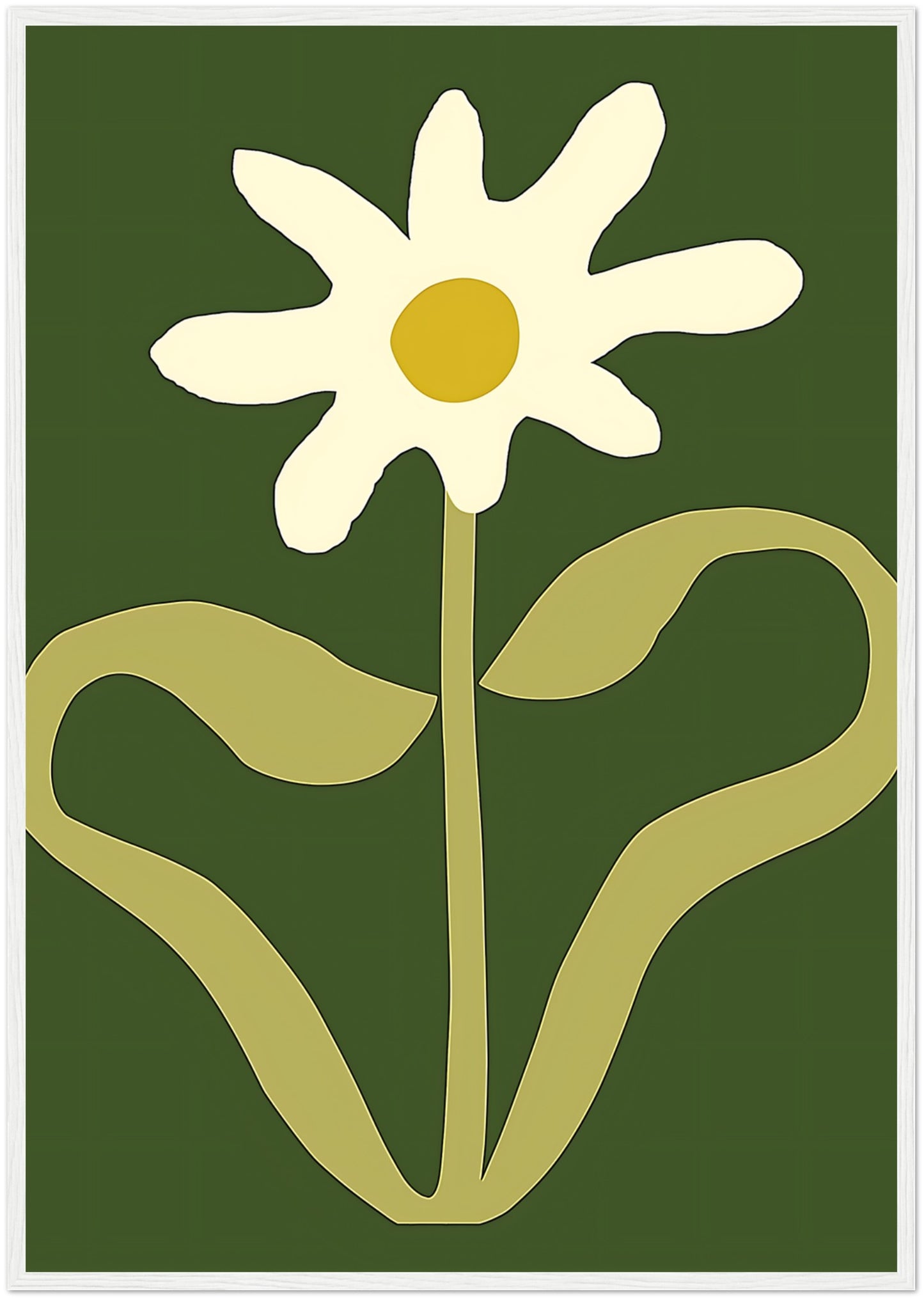 A stylized image of a white flower with a yellow center and green background, framed in brown.