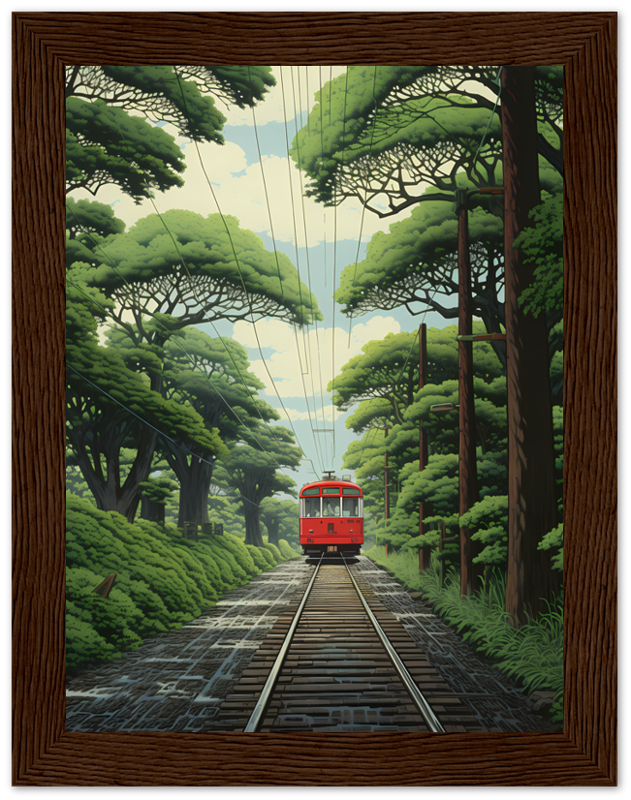 An illustrated red tram traveling down tracks through a lush green forest.