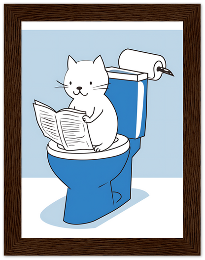 A cartoon of a cat reading a newspaper while sitting on a toilet, framed as a picture.