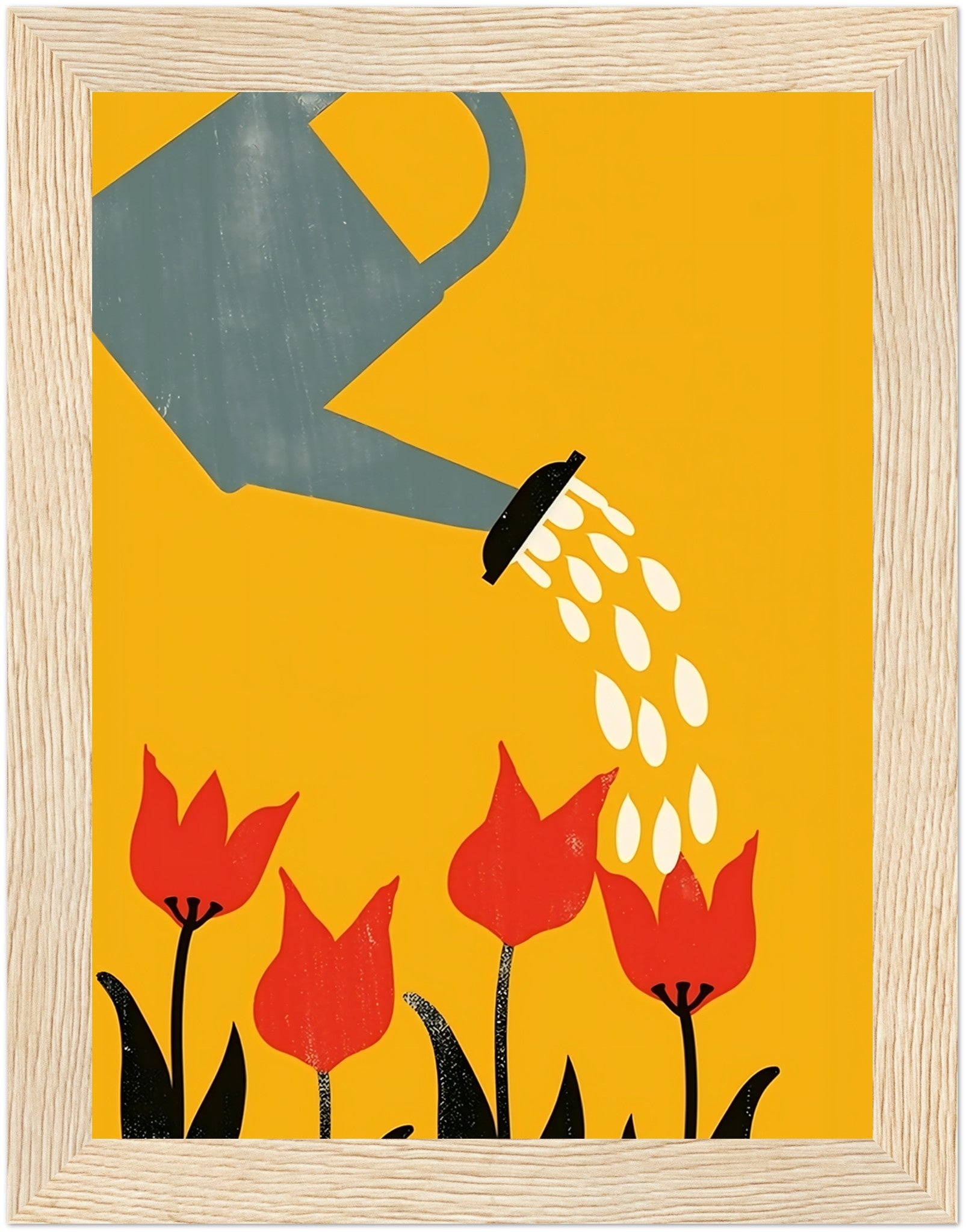 Illustration of a watering can pouring water onto red tulips against a yellow background.