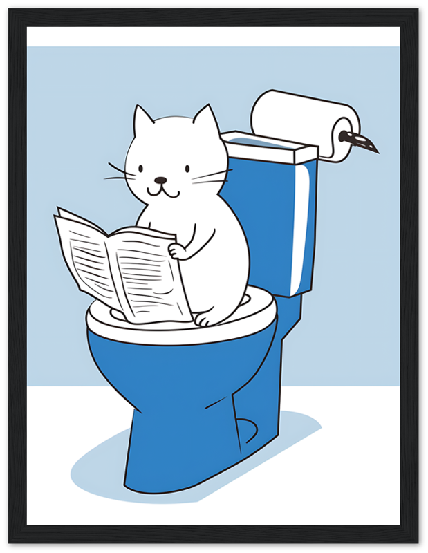 A cartoon of a cat reading a newspaper while sitting on a toilet, framed as a picture.