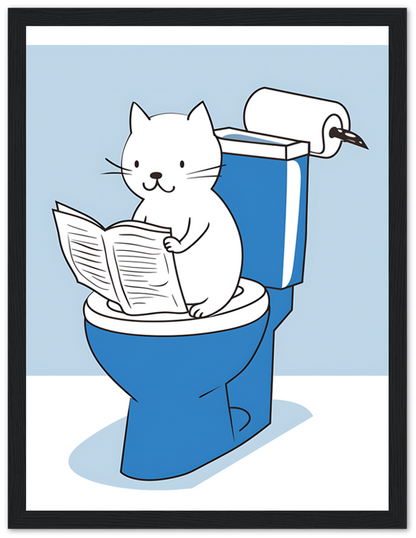 A cartoon of a cat reading a newspaper while sitting on a toilet, framed as a picture.