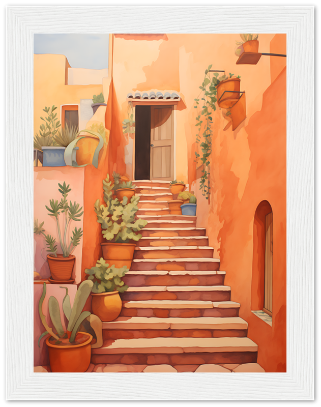 A colorful illustration of a warm, inviting Mediterranean-style staircase with potted plants.