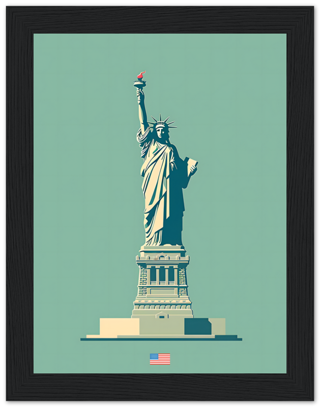 Framed illustration of the Statue of Liberty with an American flag.
