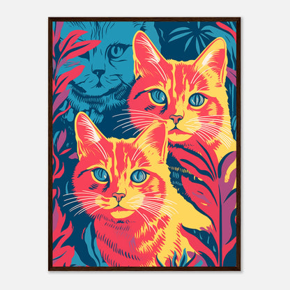 Colorful illustration of three cats with abstract tropical patterns in the background.