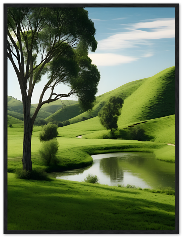 Idyllic landscape with lush green hills, a tree, and a reflective pond.