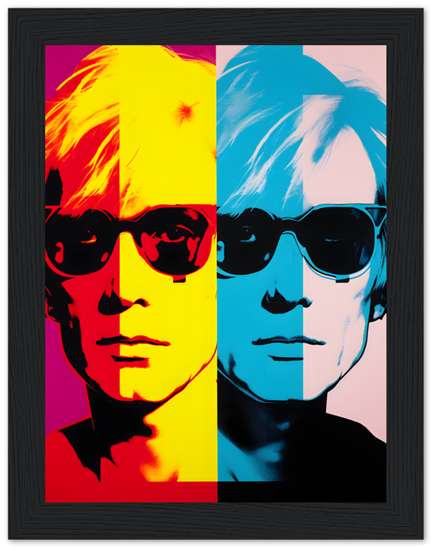 Pop art style portraits with bright contrasting colors in a black frame.