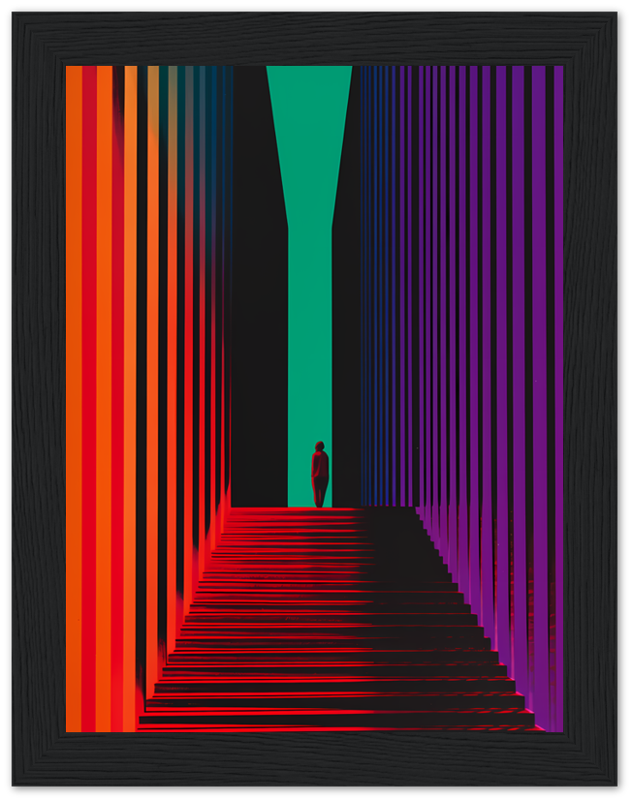 A person silhouetted against a vibrant, colorful striped hallway with a teal light at the end.