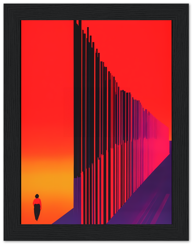 A silhouette of a person walking towards a sunset with vertical lines creating a perspective effect.