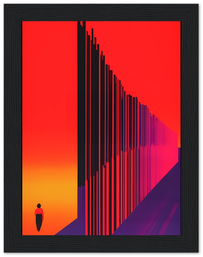 A silhouette of a person walking towards a sunset with vertical lines creating a perspective effect.