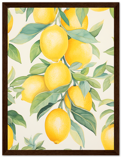 Painting of yellow lemons with green leaves on a light background, framed in wood.