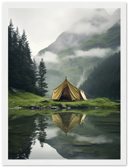 A serene campsite with a tent by a mountain lake, reflected in the water, framed by trees.