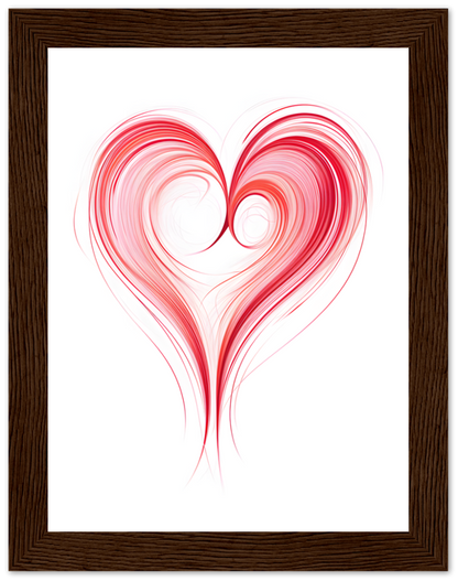 Abstract heart-shaped red and white swirl pattern in a dark wooden frame.