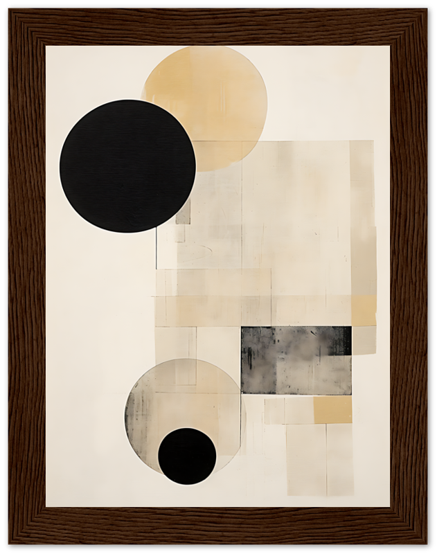 Abstract geometric artwork with circles and rectangles in a wood frame.
