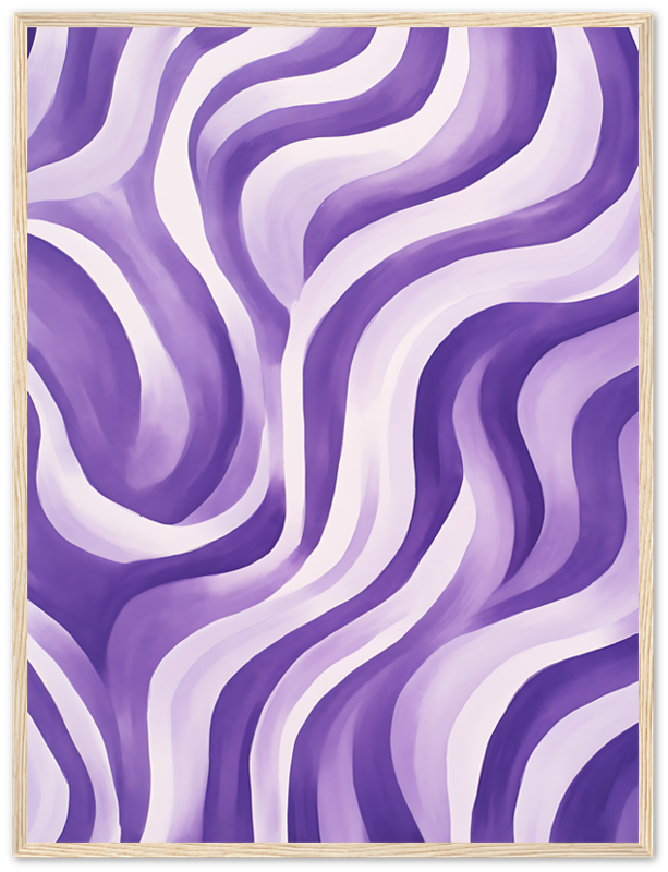 Abstract painting with purple and white wavy lines in a gold frame.