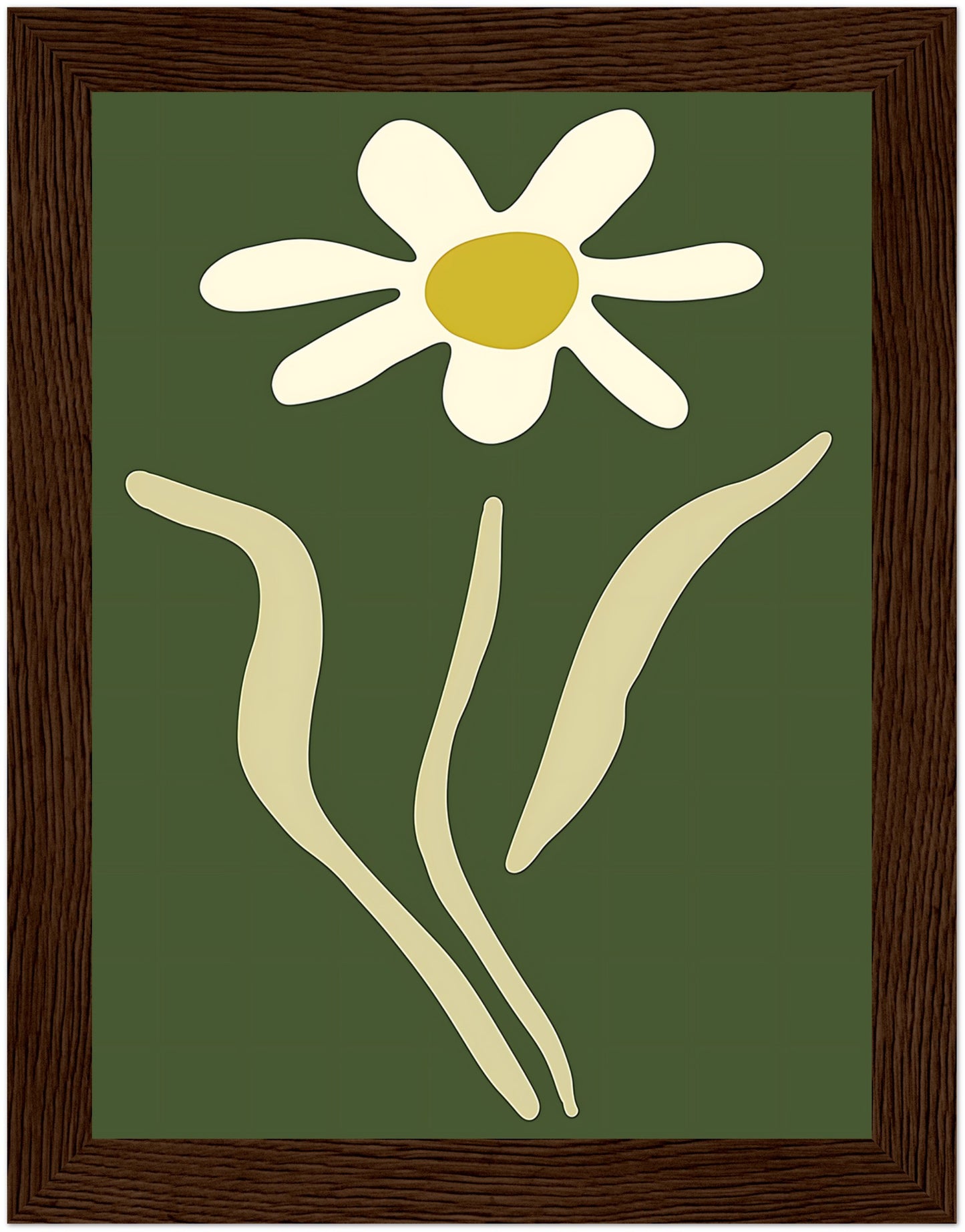 A stylized image of a white daisy with a yellow center on a green background, framed with a brown border.