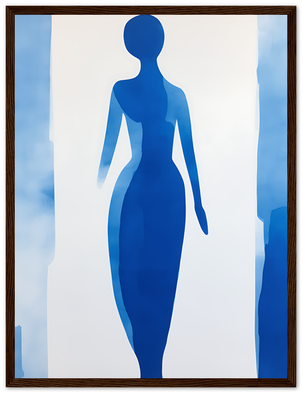 An abstract blue silhouette of a woman inside a brown frame.
