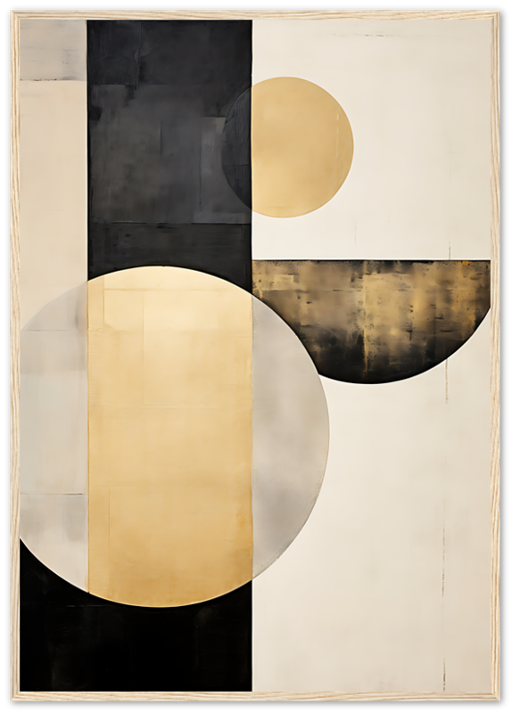 Abstract artwork with geometric shapes featuring circles and rectangles in black, gold, and cream colors.