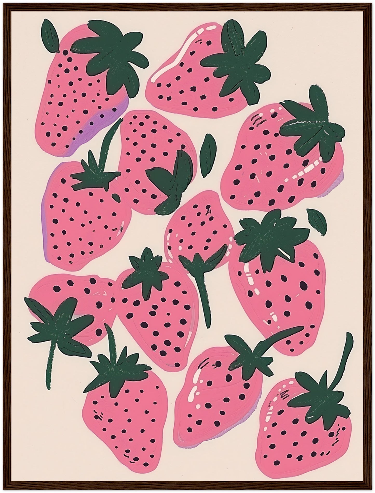 Illustration of stylized pink strawberries with black seeds and green leaves on a light background.