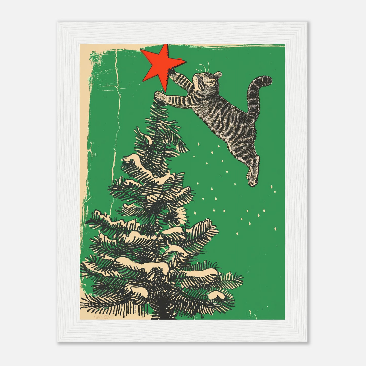 Illustration of a cat jumping towards a Christmas tree to reach a red star on top.